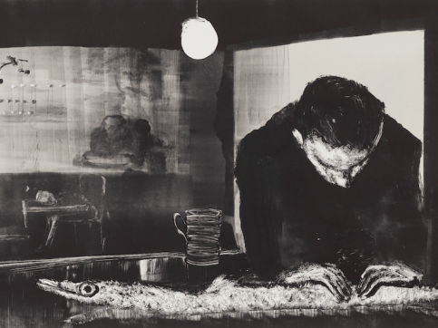 Black and white painting of man at bar