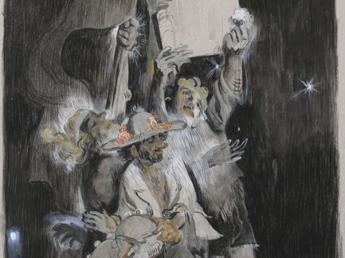 Charcoal drawing of 3 figures holding tambourines and flags