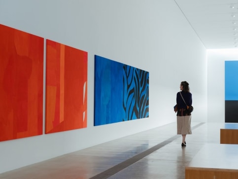 A woman standing in front of 3 large abstract paintings: 2 orange and 1 blue