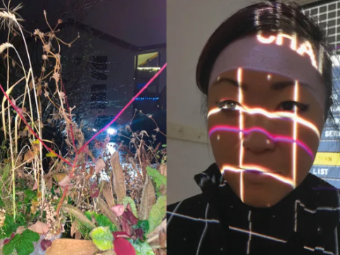 Split screen photo of Rist installation on the left with plants, young woman on the right with light lines cast upon her face