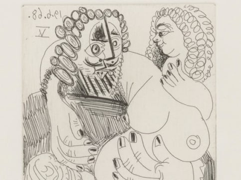 Pablo Picasso work on paper depicting four abstracted figures in an open space 
