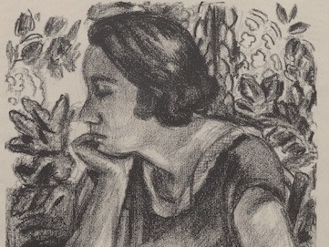 Henri Matisse lithograph featuring a sketch of a woman wearing a dress laying down with her arms crossed behind her head 