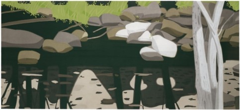Alex Katz aquatint in four colors featuring a landscape scene with stones and grass 