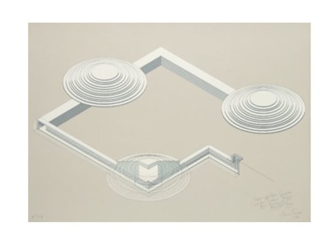 Silkscreen print of a architectural tunnel structure with three layered disks by Alice Aycock