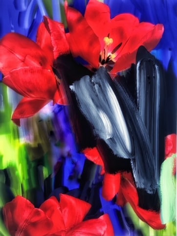 Photograph of red tulips painted over with wide, brightly-coloured brushstrokes by Alexandra Penney