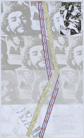 Screen print college with repeating photographs of Che Guevara in the back and strips of paper pasted in the centre by Joe Tilson
