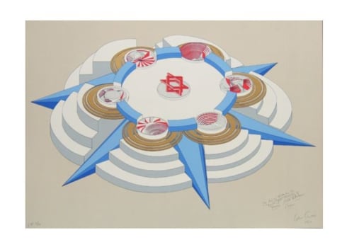 Silkscreen print of an architectural structure with light cool-tone colours with the The Star of David at the centre by Alice Aycock
