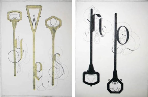 Tauba Auerbach aquatint prints featuring a series of gold key emblems spelling "yes" and two black key emblems spelling "no"