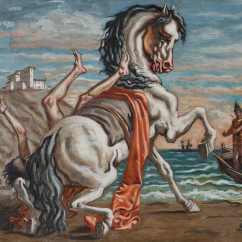 Giorgio de Chirico’s “Death of a Rider,” 1937-1938, oil on canvas, depicts a man violently falling off a white horse by the seashore.