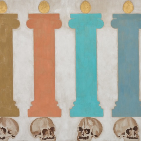 Pigment on linen painting of skulls underneath colored pillars by Francesco Clemente