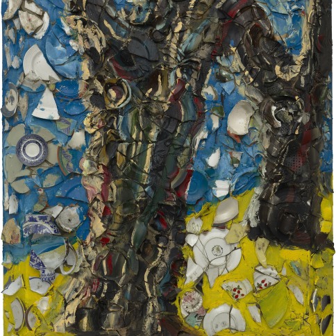Oil painting on plates on wood by Julian Schnabel titled Trees of Home (for Peter Beard) 2, 2020