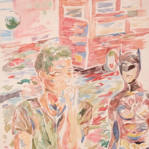 Watercolor on linen painting of a young man pondering and another figure dressed as Bat Man amid the Hollywood traffic by Gus Van Sant
