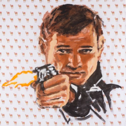 Acrylic on bedsheet painting of a man firing a gun by Walter Robinson