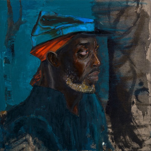 Oil and ink painting of Michael K. Williams depicted as a Buffalo Soldier by Chaz Guest