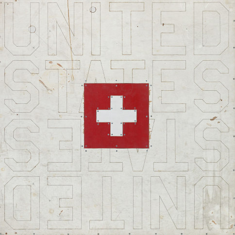 Mixed media on plywood of a Swiss flag over text that reads 'United States' by Tom Sachs