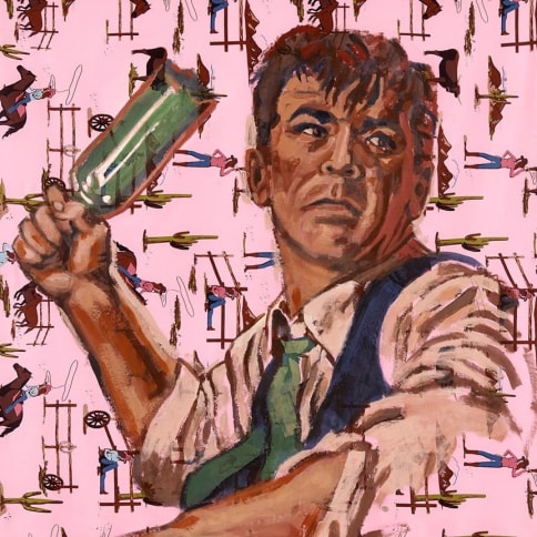 Acrylic on bedsheet painting of a man angrily holding a glass bottle as if to throw it by Walter Robinson