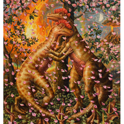 Painting by Thomas Woodruff depicting two yellow dinosaurs embracing amongst pink petals with large fire behind them