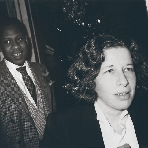 A black and white photograph of Andre Leon Talley and Fran Lebowitz in New York circa 1976 by Bob Colacello