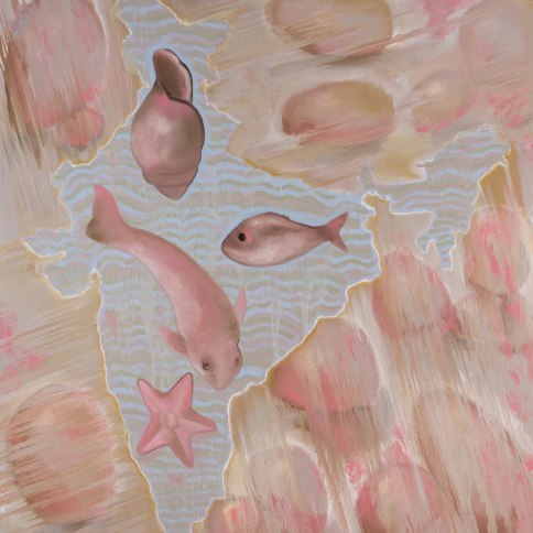 Oil on canvas painting of fish and seashells over the shape of India in pastel hues by Francesco Clemente