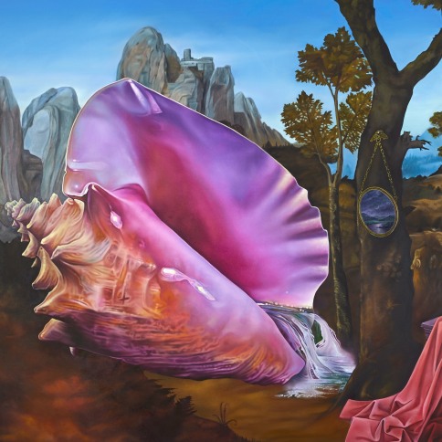Oil on canvas painting by Ariana Papademetropoulos of an oversized seashell on land