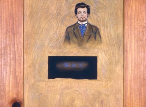  Thomas Chimes (1921–2009), Alfred Jarry (Departure from the Present), 1973, oil on panel. The Robert J. and Linda Klieger Stillman Pataphysics Collection.