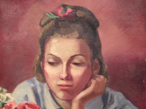 LYLA MARSHALL HARCOFF (1883-1956), Woman Contemplating Still Life of Flowers, c. 1930s.
