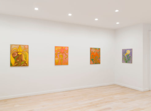 installation view of paintings of flowers