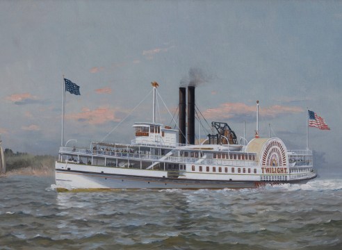 Oil of Canvas Depicting Paddle Wheel Steamer &quot;Twilight&quot; signed Fred Pasong circa 1890