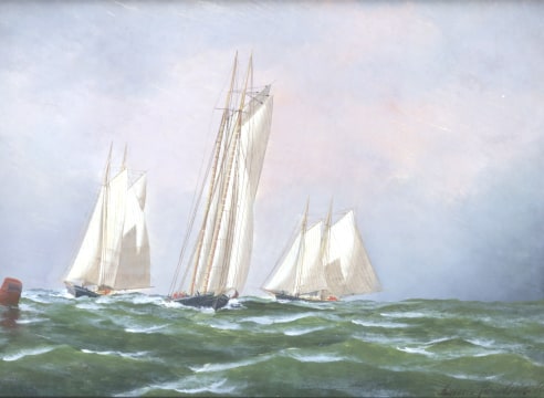Oil and Gouache Titled Three Racing Yachts Signed and Dated Antonio Jacobsen 1875