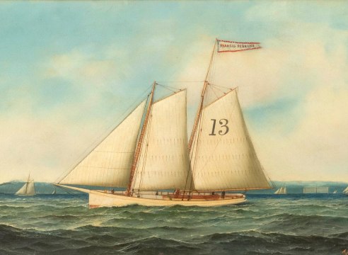 Oil on Canvas depicting the &quot;Pilot Boat No. 13&quot;, By Antonio Jacobsen, signed and dated 1895