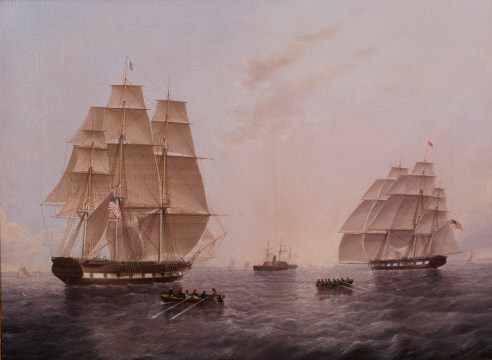 Oil on Canvas Leaving New York Harbor by J.E. Buttersworth, circa 1855