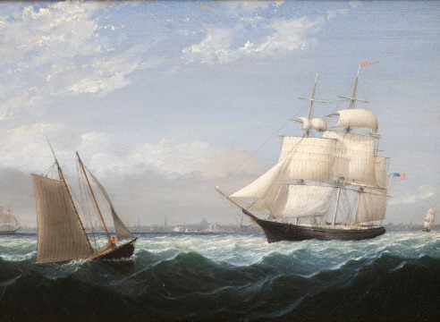 Oil on canvas &quot;Ship in Boston Harbor taking on a Pilot&quot; by F.H. Lane