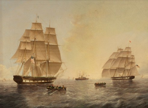 Square Riggers Leaving New York Harbor by James E. Buttersworth