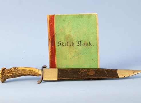 Antler Grip Bowie Knife Signed &quot;Hassam Brothers Boston&quot; with Regiment Information Engraved on German silver mount on Sheath with Owners Sketch Book circa 1862