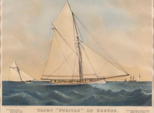 CURRIER &amp; IVES HAND-COLORED LITHOGRAPH &quot;YACHT 'PURITAN' OF BOSTON.&quot;