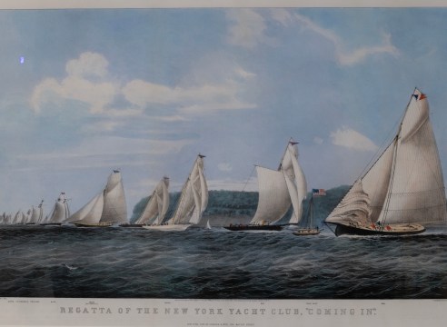 Hand colored Lithograph,Regatta of the New York Yacht Club &quot;Coming In&quot; by Currier &amp; Ives