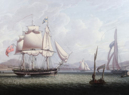 &quot;The Pomona of Greenock Riding at Anchor&quot; signed and dated &quot;RS1818&quot;.