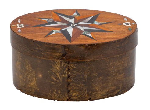 Scrimshaw Baleen Ditty Box with Fabulous Star Inlaid Top Inscribed on the baleen Rim &quot;Made on Board of Barque &quot;Albree&quot; of Mystic by J.D.GA.D 1846...&quot;