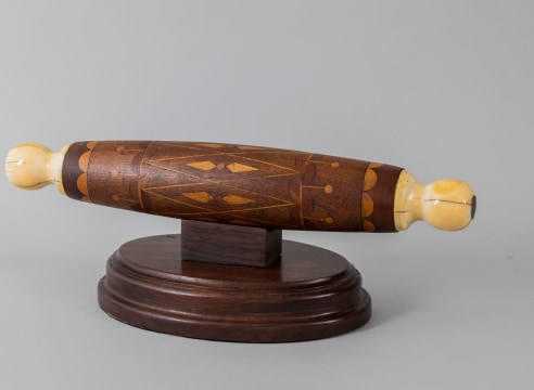 Exceptional American Scrimshaw Rolling Pin with Elaborate Inlay with Whale Ivory Ends Mid 19thCentury