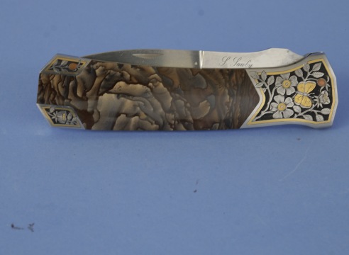 Custom Folding Knife by Scott Sawby with Jasper Wood Gripes With Fine Engraving and Gold Inlay