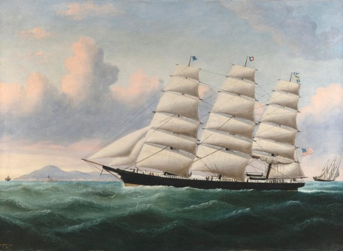 Oil on canvas paining of the American Clipper Ship &quot;Herald of the Morning&quot; signed and dated 'W. Yorke L'Pool / 1870'.