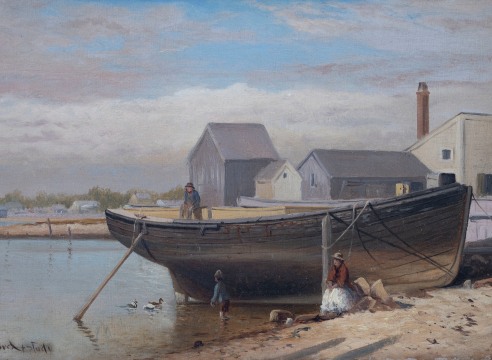 Beached Sloop with Family signed CH Gifford Study, American circa 1885