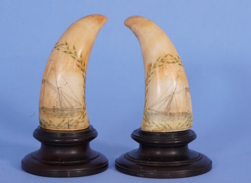 PAIR OF POLYCHROME SCRIMSHAW WHALE'S TEETH DEPICTING SAILING YACHTS