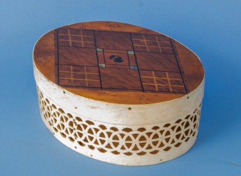 Reticulated Oval Whale Bone Ditty box with Marquetry Wood Top, American circa 1870