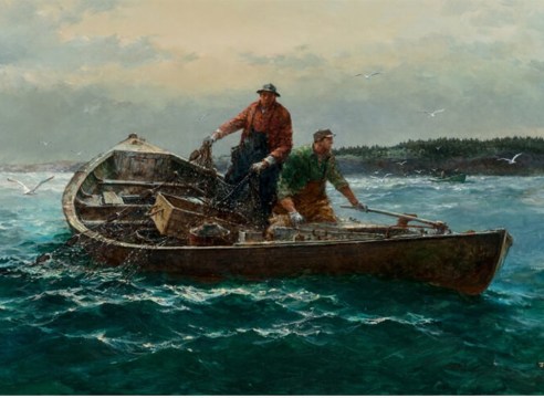 Oil on Canvas signed Jack Gray and titled on the reverse&quot; Jack Gray Dare's Herring Fishing Near Blanford, Nova Scotia
