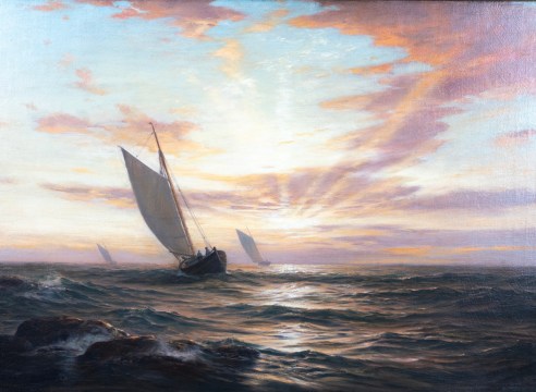 Oil on Canvas &quot;Sunset Under Sail&quot; by Warren Sheppard, American circa 1910