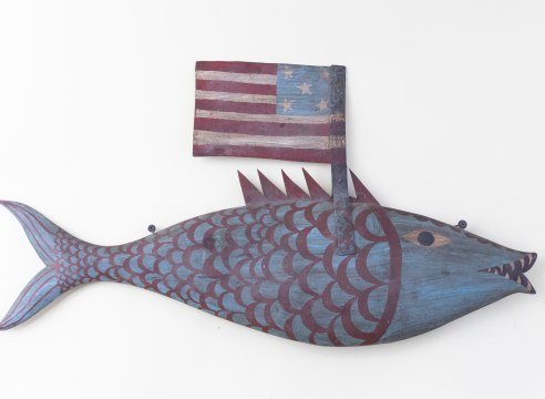 Carved and Painted Fish with Five Star American Flag Attributed to Clark Voorhees, circa 1974,