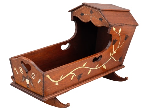 Mahogany Doll Cradle with Whalebone and Rosewood Inlaid Designs and Dated 1861, attributed to Jacob Turnerly.