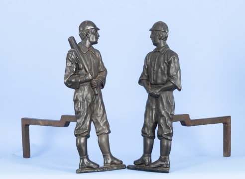 Rare Pair of Cast Iron Baseball Player Andirons, American circa 1909