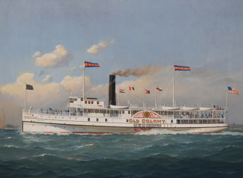 Oil on Canvas depicting the Paddle Wheel Steamship &quot;Old Colony&quot; Signed Fred Pansing
